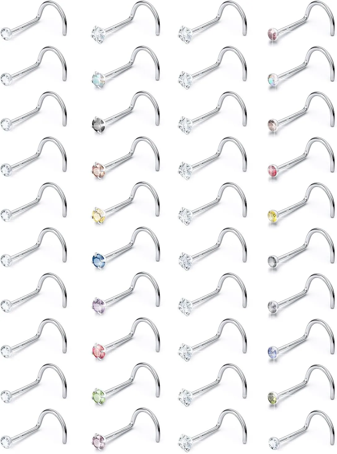 Surgical Steel Nose Ring Stud 18G 20G 22G L Shaped Screw Straight Nose Studs CZ Top 1.5mm 2mm 2.5mm 3mm 3.5mm 4mm Nose Piercings 18 Gauge 20 Gauge 22 Gauge Nose Rings Studs for Women Men