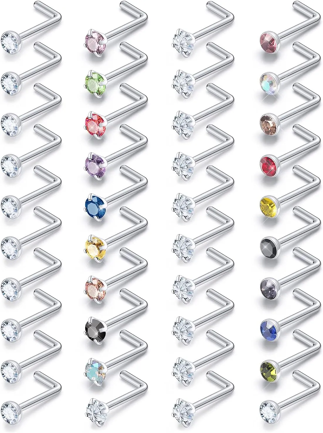 Surgical Steel Nose Ring Stud 18G 20G 22G L Shaped Screw Straight Nose Studs CZ Top 1.5mm 2mm 2.5mm 3mm 3.5mm 4mm Nose Piercings 18 Gauge 20 Gauge 22 Gauge Nose Rings Studs for Women Men