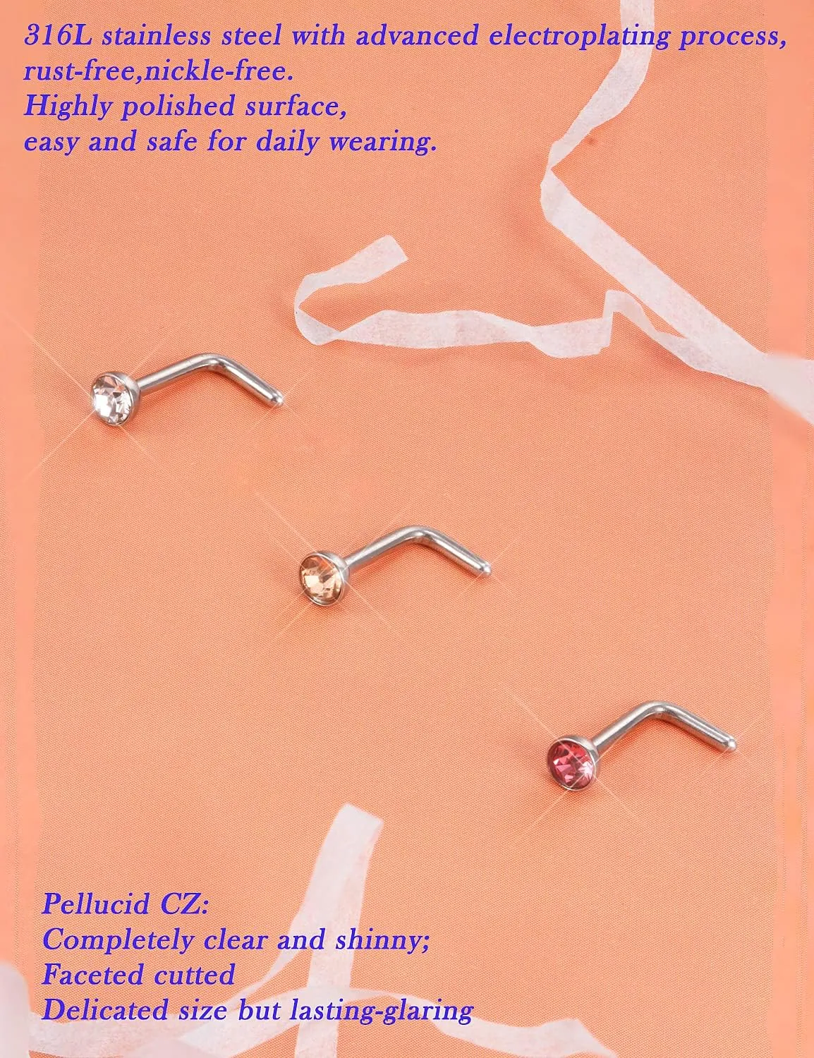 Surgical Steel Nose Ring Stud 18G 20G 22G L Shaped Screw Straight Nose Studs CZ Top 1.5mm 2mm 2.5mm 3mm 3.5mm 4mm Nose Piercings 18 Gauge 20 Gauge 22 Gauge Nose Rings Studs for Women Men
