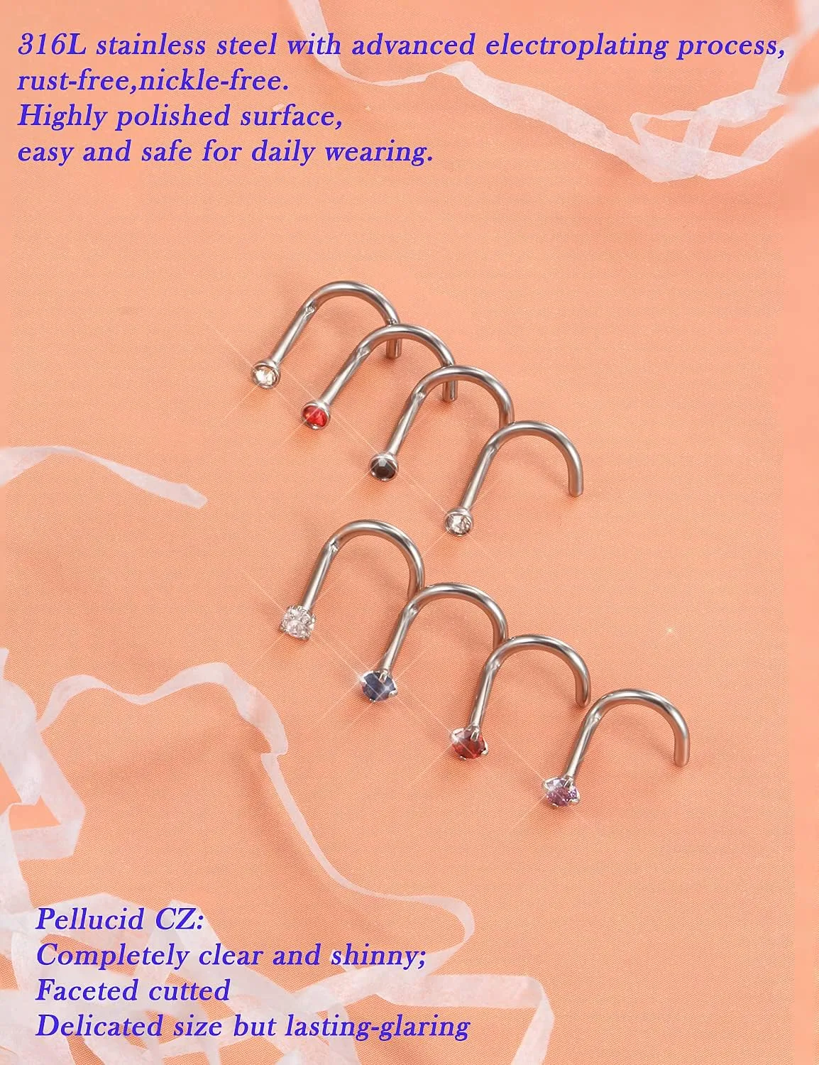 Surgical Steel Nose Ring Stud 18G 20G 22G L Shaped Screw Straight Nose Studs CZ Top 1.5mm 2mm 2.5mm 3mm 3.5mm 4mm Nose Piercings 18 Gauge 20 Gauge 22 Gauge Nose Rings Studs for Women Men