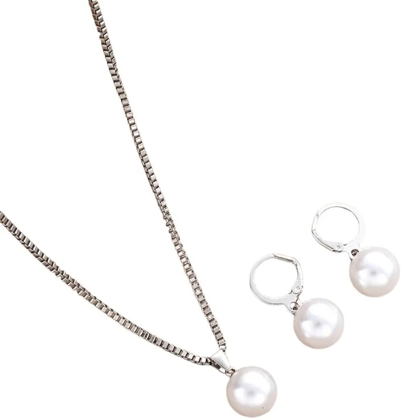 Sweet Pearl Pendant Necklace Earrings Set For Women Jewelry Set For Brides and Wedding