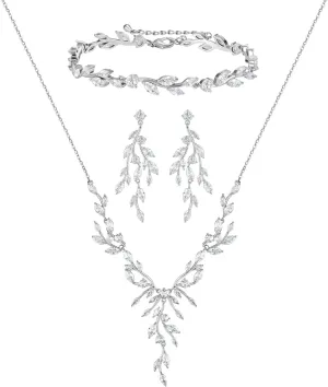 SWEETV Jewelry Set for Women, Cubic Zirconia Marquise Vine Cluster Bridal Earrings and Necklace Set, Bridal Jewelry Set for Wedding Prom