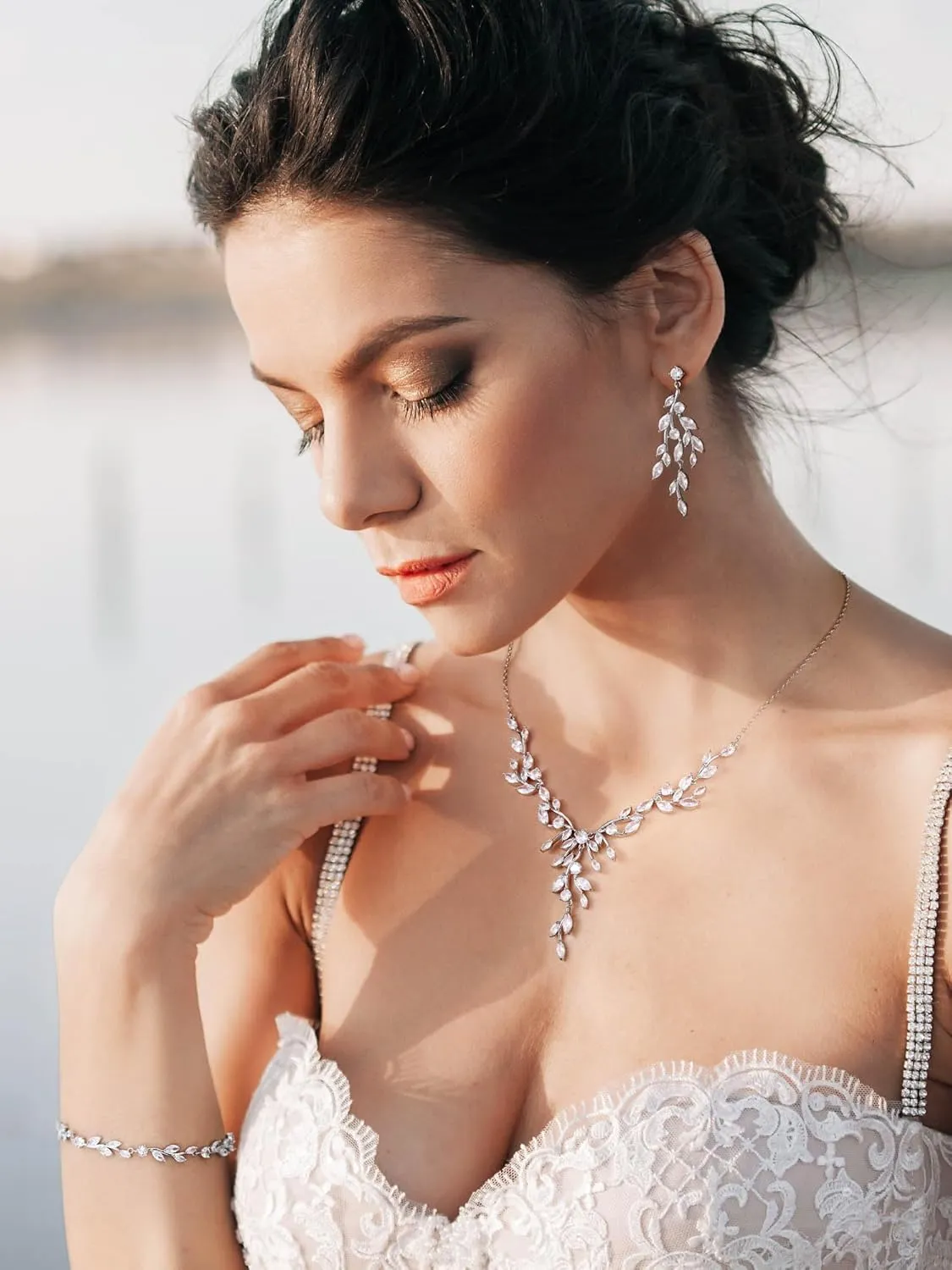SWEETV Jewelry Set for Women, Cubic Zirconia Marquise Vine Cluster Bridal Earrings and Necklace Set, Bridal Jewelry Set for Wedding Prom