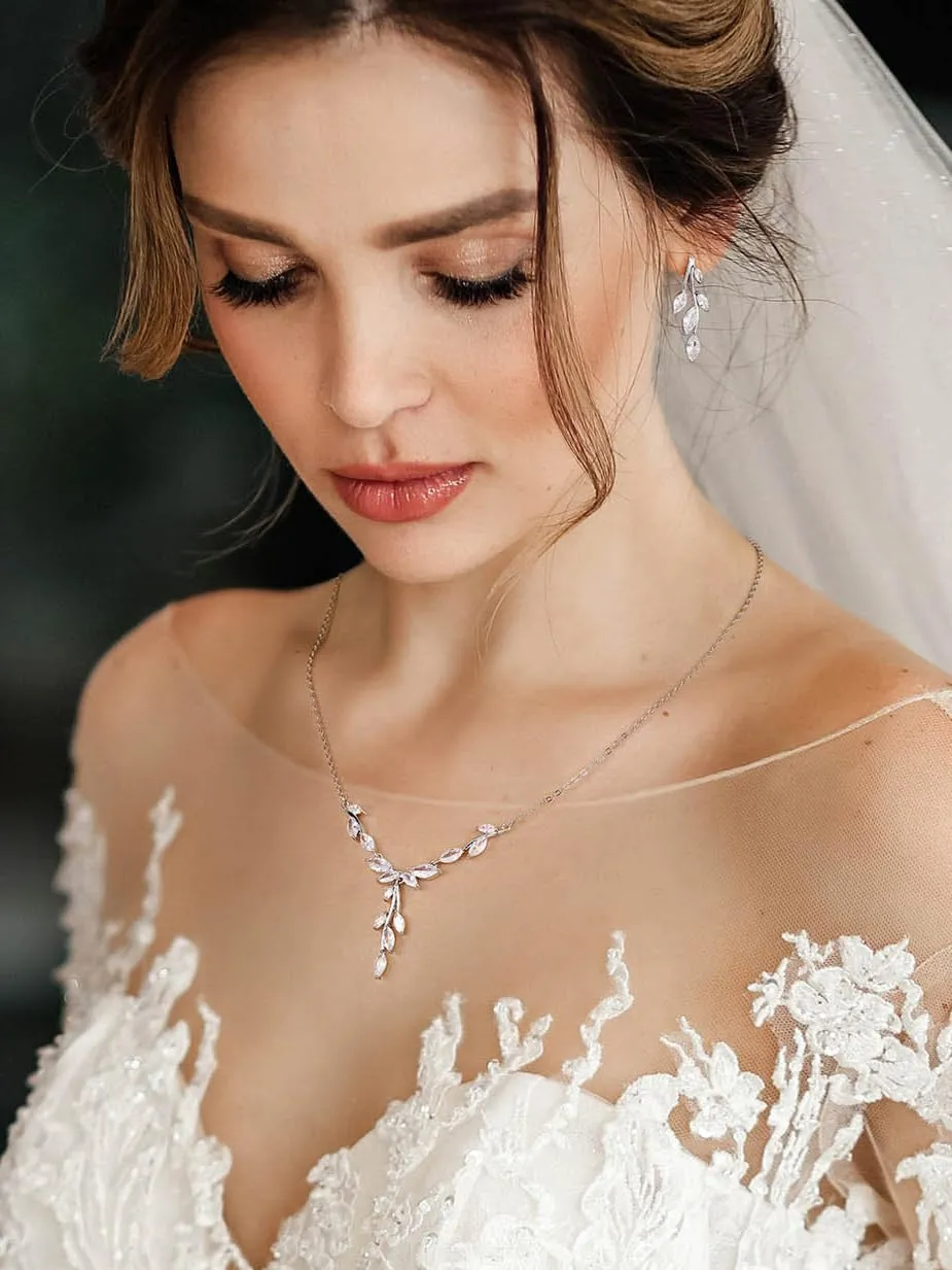 SWEETV Jewelry Set for Women, Cubic Zirconia Marquise Vine Cluster Bridal Earrings and Necklace Set, Bridal Jewelry Set for Wedding Prom