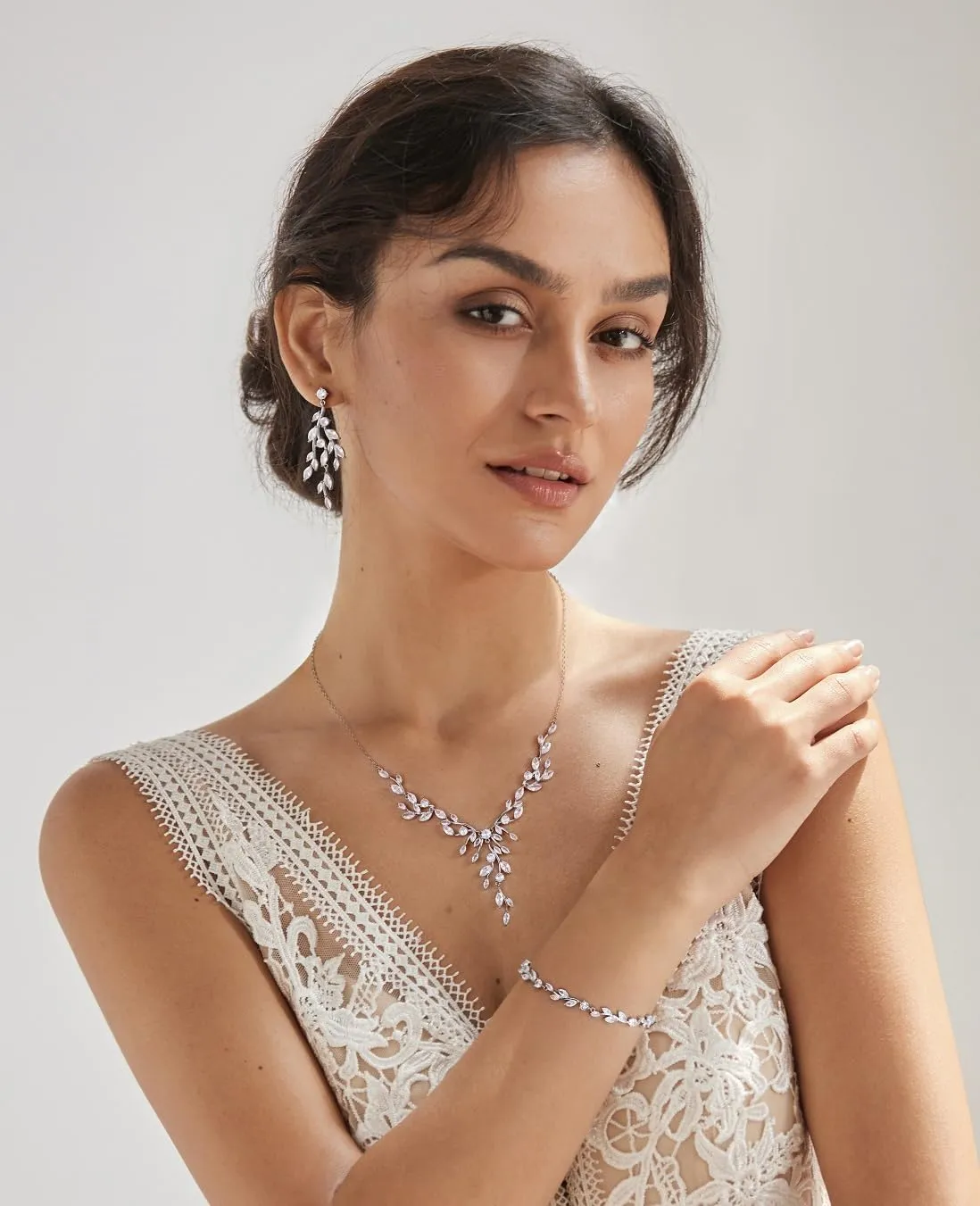 SWEETV Jewelry Set for Women, Cubic Zirconia Marquise Vine Cluster Bridal Earrings and Necklace Set, Bridal Jewelry Set for Wedding Prom