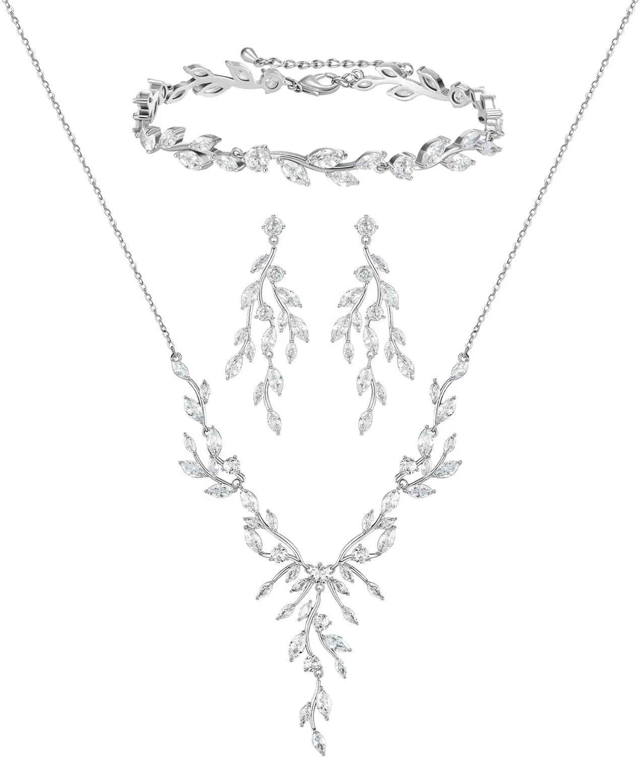 SWEETV Jewelry Set for Women, Cubic Zirconia Marquise Vine Cluster Bridal Earrings and Necklace Set, Bridal Jewelry Set for Wedding Prom