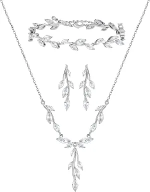 SWEETV Jewelry Set for Women, Cubic Zirconia Marquise Vine Cluster Bridal Earrings and Necklace Set, Bridal Jewelry Set for Wedding Prom