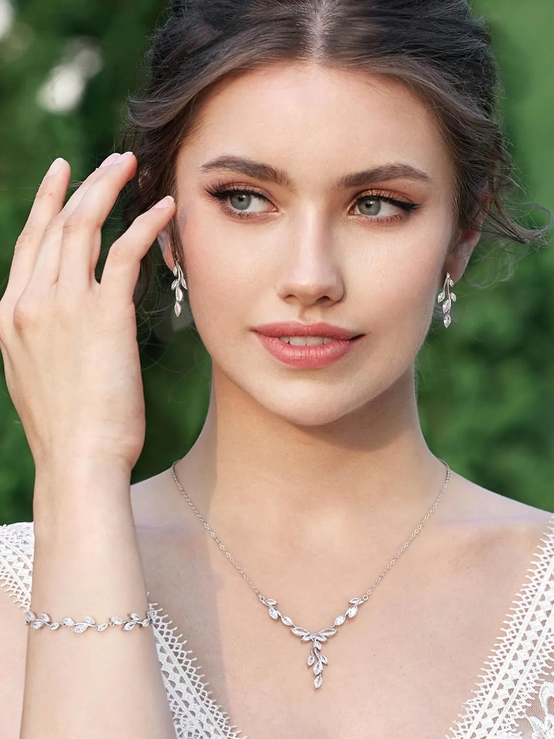 SWEETV Jewelry Set for Women, Cubic Zirconia Marquise Vine Cluster Bridal Earrings and Necklace Set, Bridal Jewelry Set for Wedding Prom