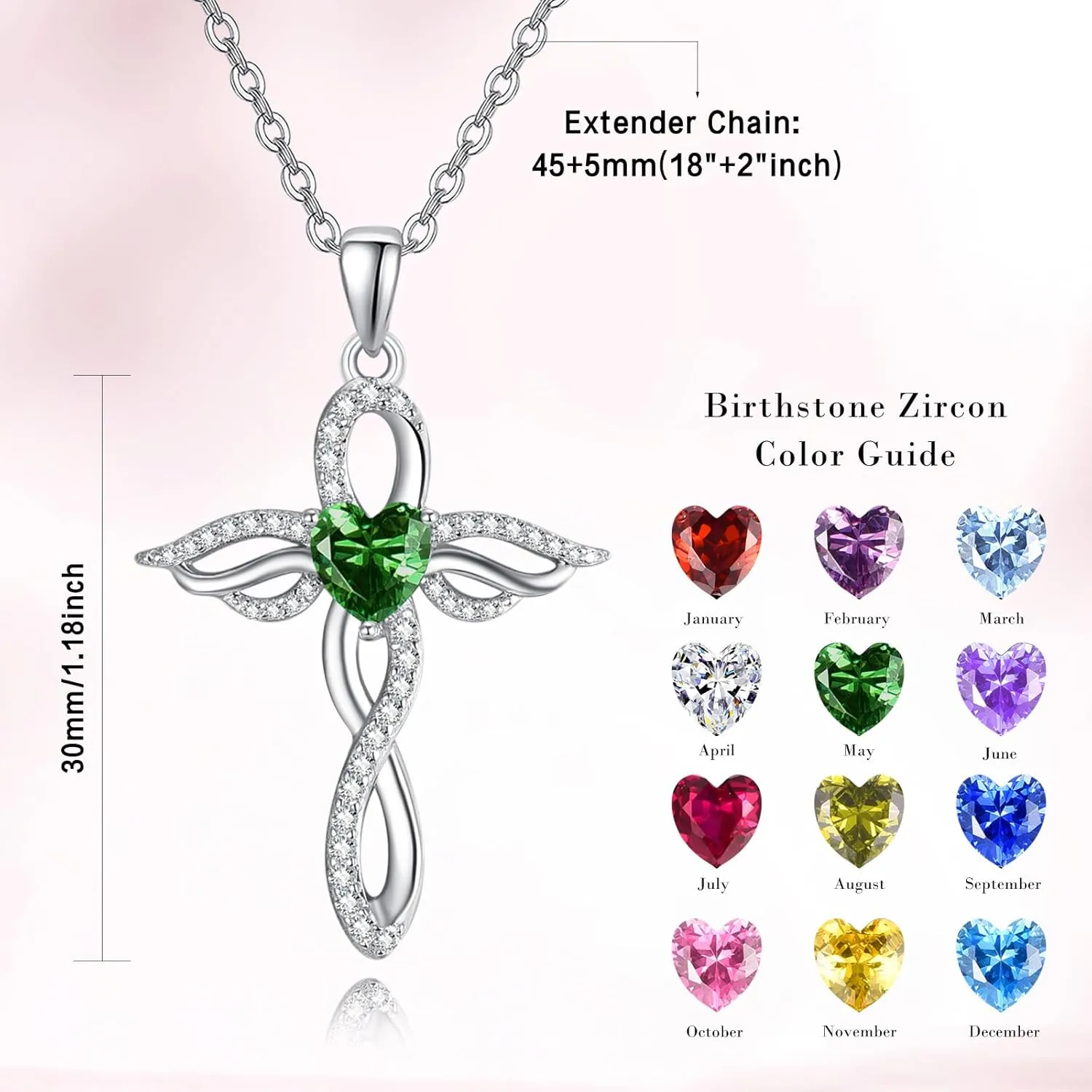 TANGPOET Angel Wings Necklace for Women 925 Sterling Silver Guardian Angel Pendant, Heart Cross Birthstone Necklace, Birthday Jewelry Gifts for Her