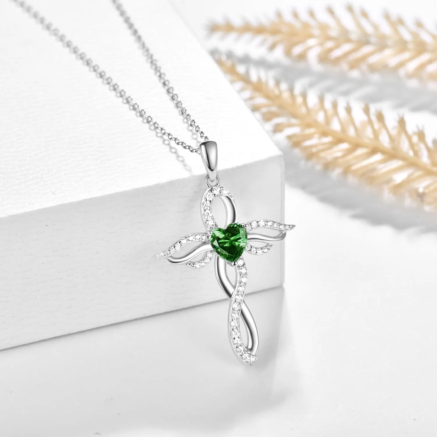 TANGPOET Angel Wings Necklace for Women 925 Sterling Silver Guardian Angel Pendant, Heart Cross Birthstone Necklace, Birthday Jewelry Gifts for Her