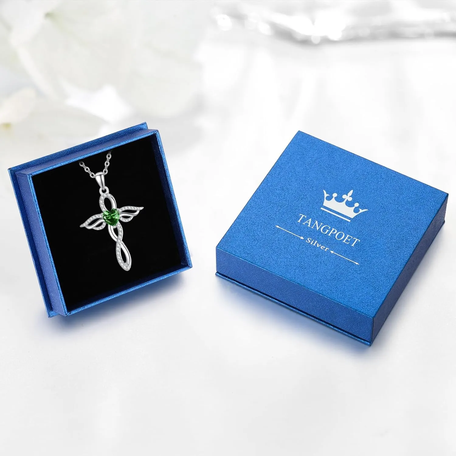 TANGPOET Angel Wings Necklace for Women 925 Sterling Silver Guardian Angel Pendant, Heart Cross Birthstone Necklace, Birthday Jewelry Gifts for Her