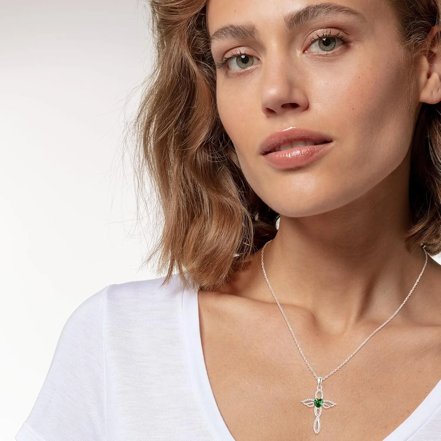 TANGPOET Angel Wings Necklace for Women 925 Sterling Silver Guardian Angel Pendant, Heart Cross Birthstone Necklace, Birthday Jewelry Gifts for Her