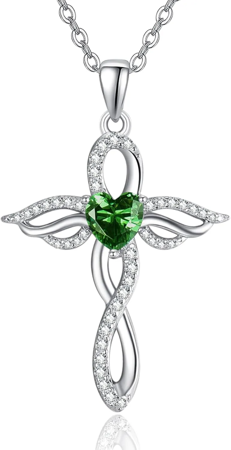 TANGPOET Angel Wings Necklace for Women 925 Sterling Silver Guardian Angel Pendant, Heart Cross Birthstone Necklace, Birthday Jewelry Gifts for Her