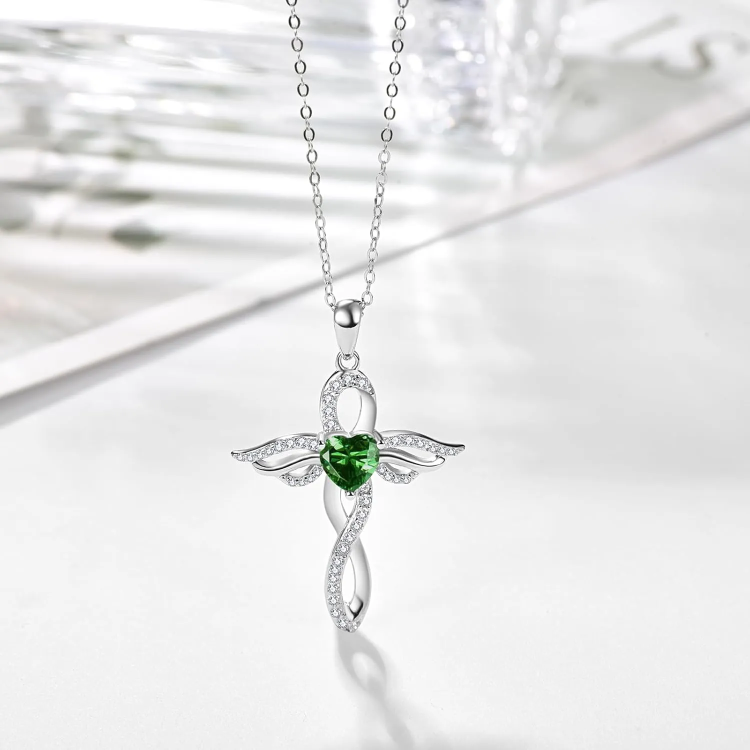 TANGPOET Angel Wings Necklace for Women 925 Sterling Silver Guardian Angel Pendant, Heart Cross Birthstone Necklace, Birthday Jewelry Gifts for Her
