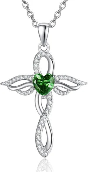 TANGPOET Angel Wings Necklace for Women 925 Sterling Silver Guardian Angel Pendant, Heart Cross Birthstone Necklace, Birthday Jewelry Gifts for Her