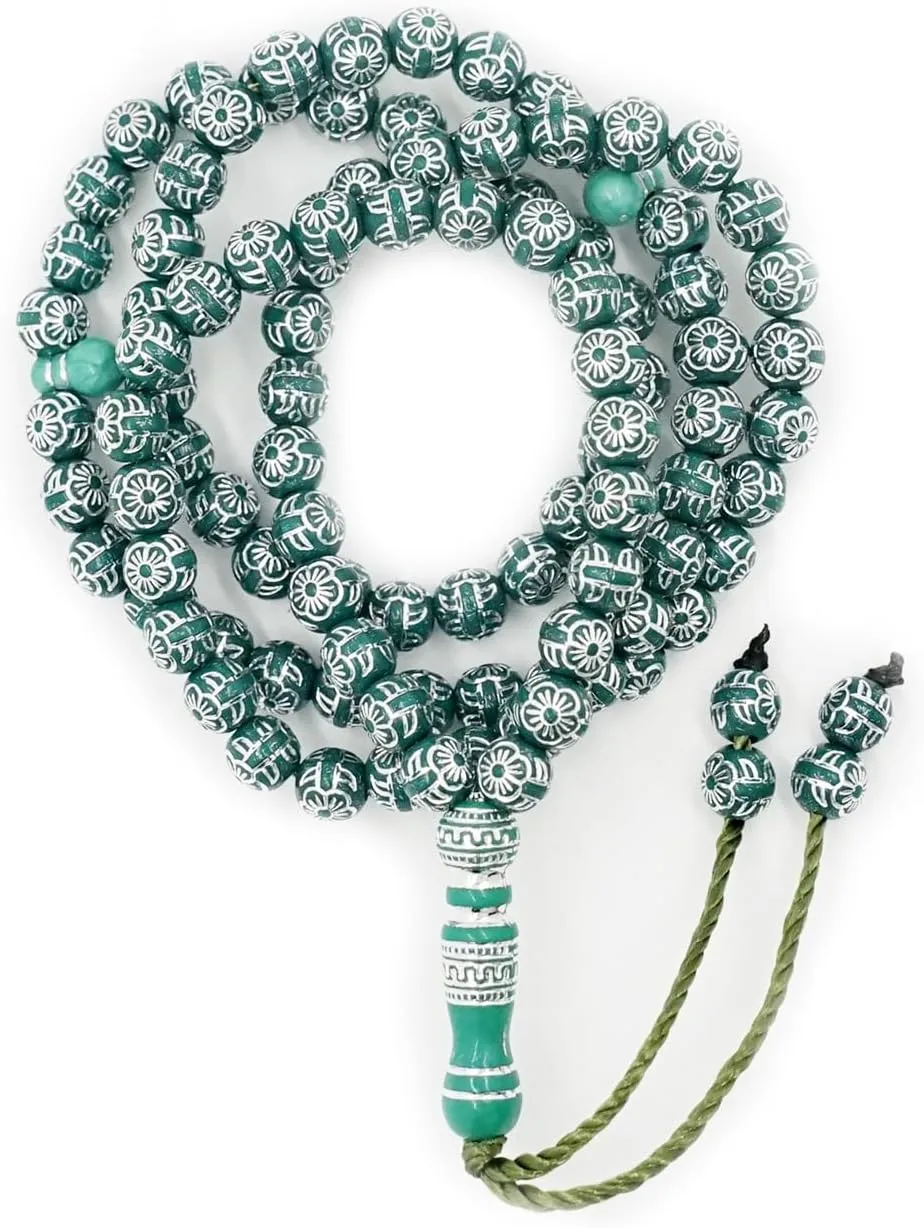 Tasbih Prayer Beads Allah & Muhammad Engraved Islamic Prayer Rosary Beads Muslim Islam Misbaha Bracelet Tasbeeh Sibha 99 Prayer Beads Hand Bracelets (Green)