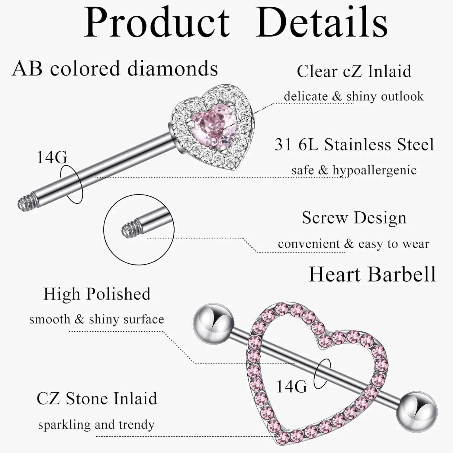 Tatuo 4 Pairs Stainless Steel Nipple Tongue Rings Piercing Body Jewelry Barbell CZ Heart Shape Rings for Women Girls