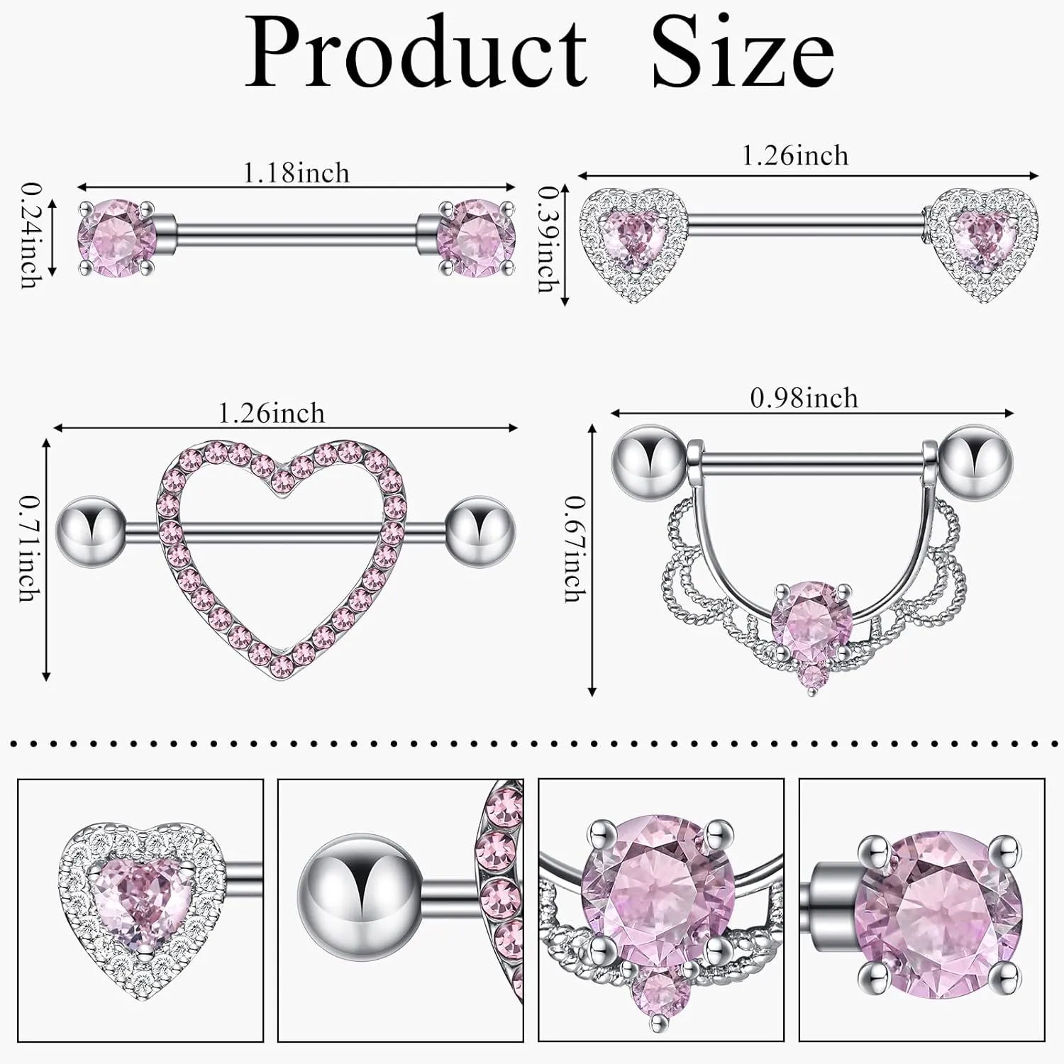Tatuo 4 Pairs Stainless Steel Nipple Tongue Rings Piercing Body Jewelry Barbell CZ Heart Shape Rings for Women Girls