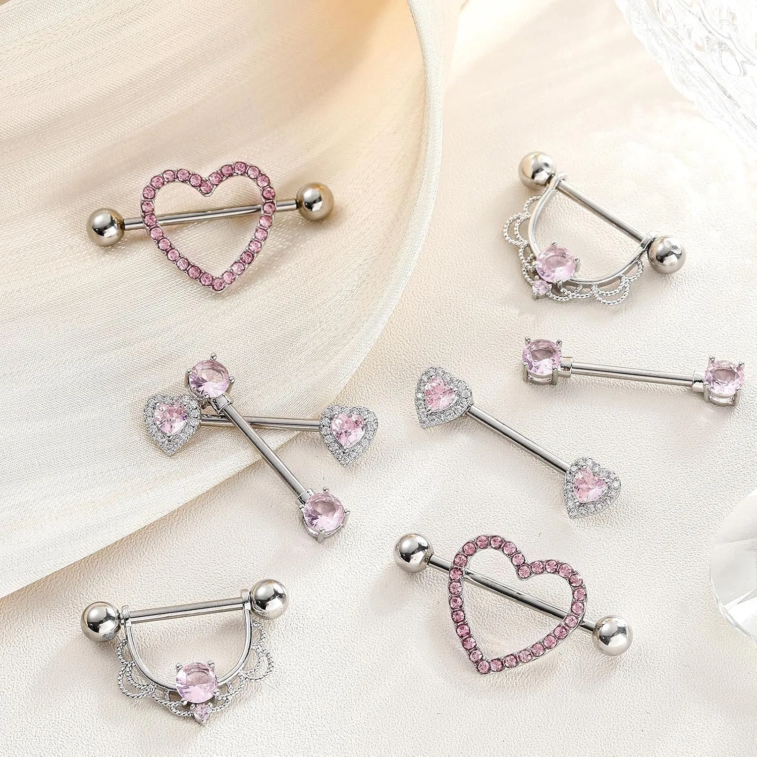 Tatuo 4 Pairs Stainless Steel Nipple Tongue Rings Piercing Body Jewelry Barbell CZ Heart Shape Rings for Women Girls