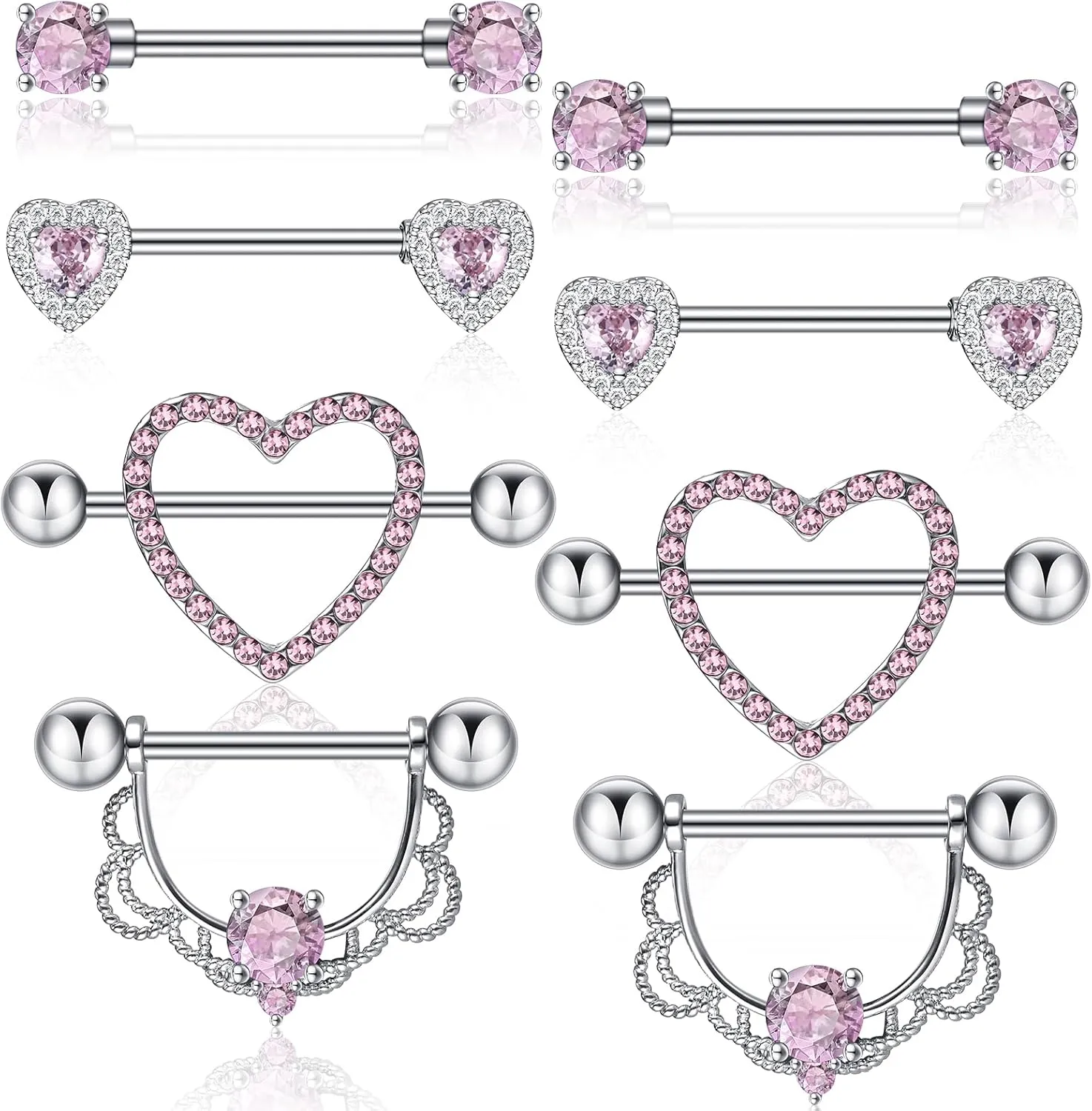 Tatuo 4 Pairs Stainless Steel Nipple Tongue Rings Piercing Body Jewelry Barbell CZ Heart Shape Rings for Women Girls