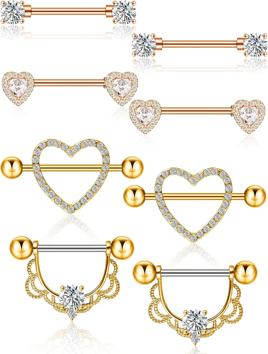 Tatuo 4 Pairs Stainless Steel Nipple Tongue Rings Piercing Body Jewelry Barbell CZ Heart Shape Rings for Women Girls