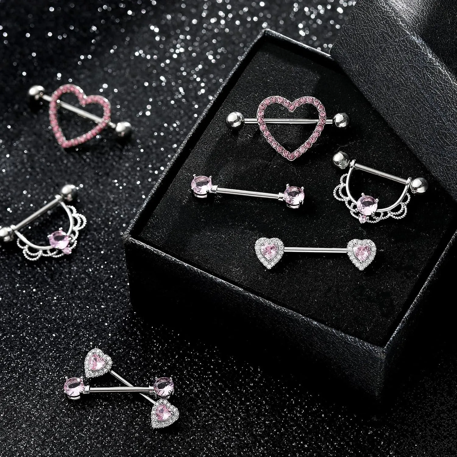 Tatuo 4 Pairs Stainless Steel Nipple Tongue Rings Piercing Body Jewelry Barbell CZ Heart Shape Rings for Women Girls