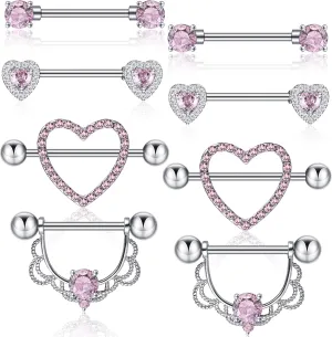 Tatuo 4 Pairs Stainless Steel Nipple Tongue Rings Piercing Body Jewelry Barbell CZ Heart Shape Rings for Women Girls