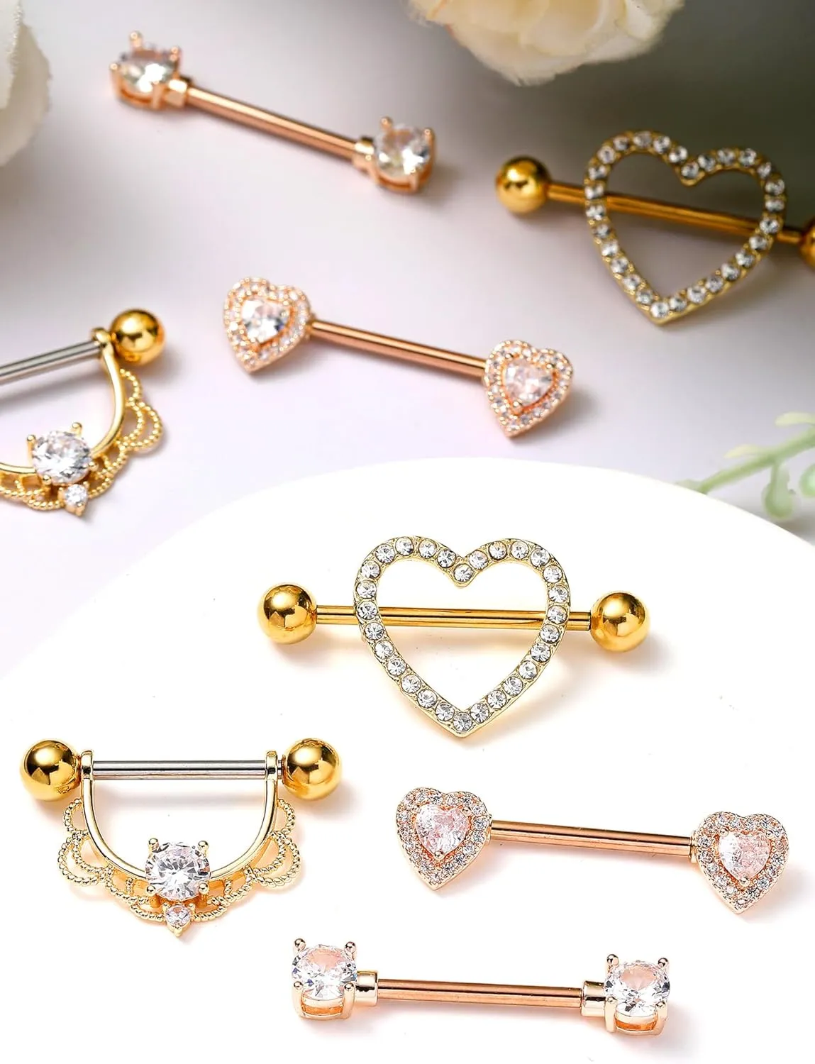 Tatuo 4 Pairs Stainless Steel Nipple Tongue Rings Piercing Body Jewelry Barbell CZ Heart Shape Rings for Women Girls