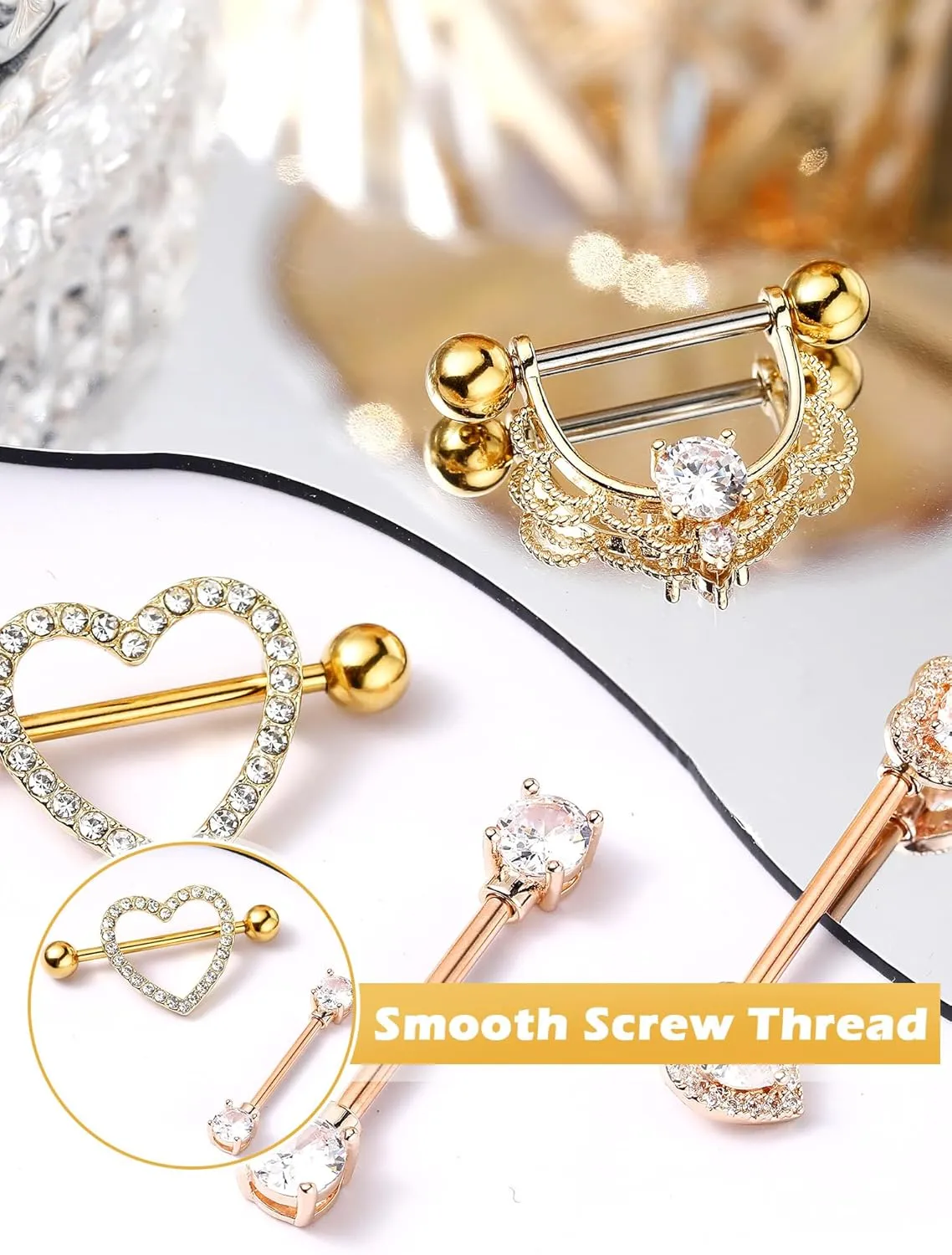 Tatuo 4 Pairs Stainless Steel Nipple Tongue Rings Piercing Body Jewelry Barbell CZ Heart Shape Rings for Women Girls