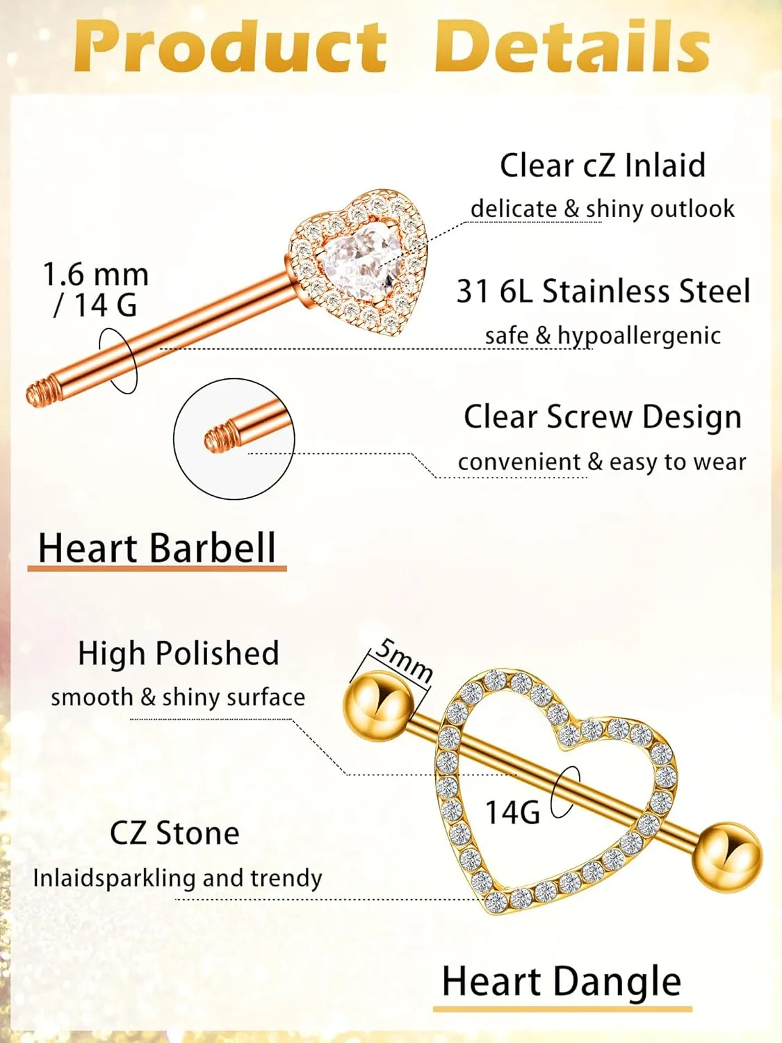 Tatuo 4 Pairs Stainless Steel Nipple Tongue Rings Piercing Body Jewelry Barbell CZ Heart Shape Rings for Women Girls