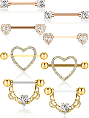 Tatuo 4 Pairs Stainless Steel Nipple Tongue Rings Piercing Body Jewelry Barbell CZ Heart Shape Rings for Women Girls