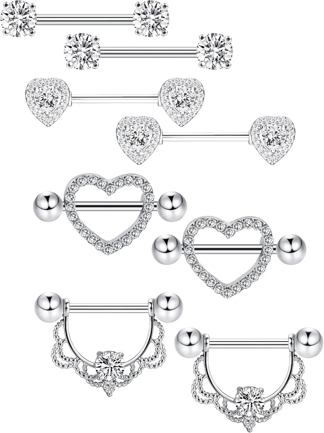 Tatuo 4 Pairs Stainless Steel Nipple Tongue Rings Piercing Body Jewelry Barbell CZ Heart Shape Rings for Women Girls(Silver Bar and White Zirconia)