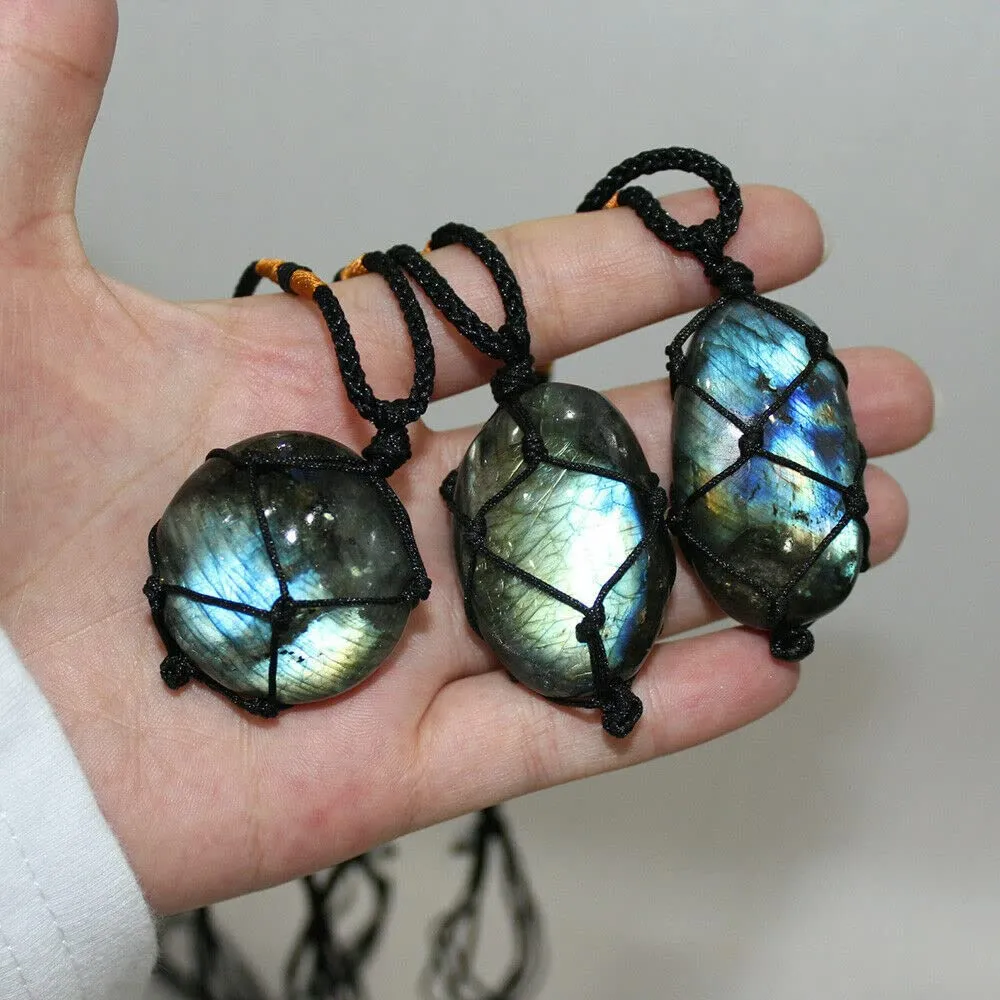 TEAMWILL Wrap Women Mens Natural Stone Necklace Labradorite Pendant Crystal Moonstone