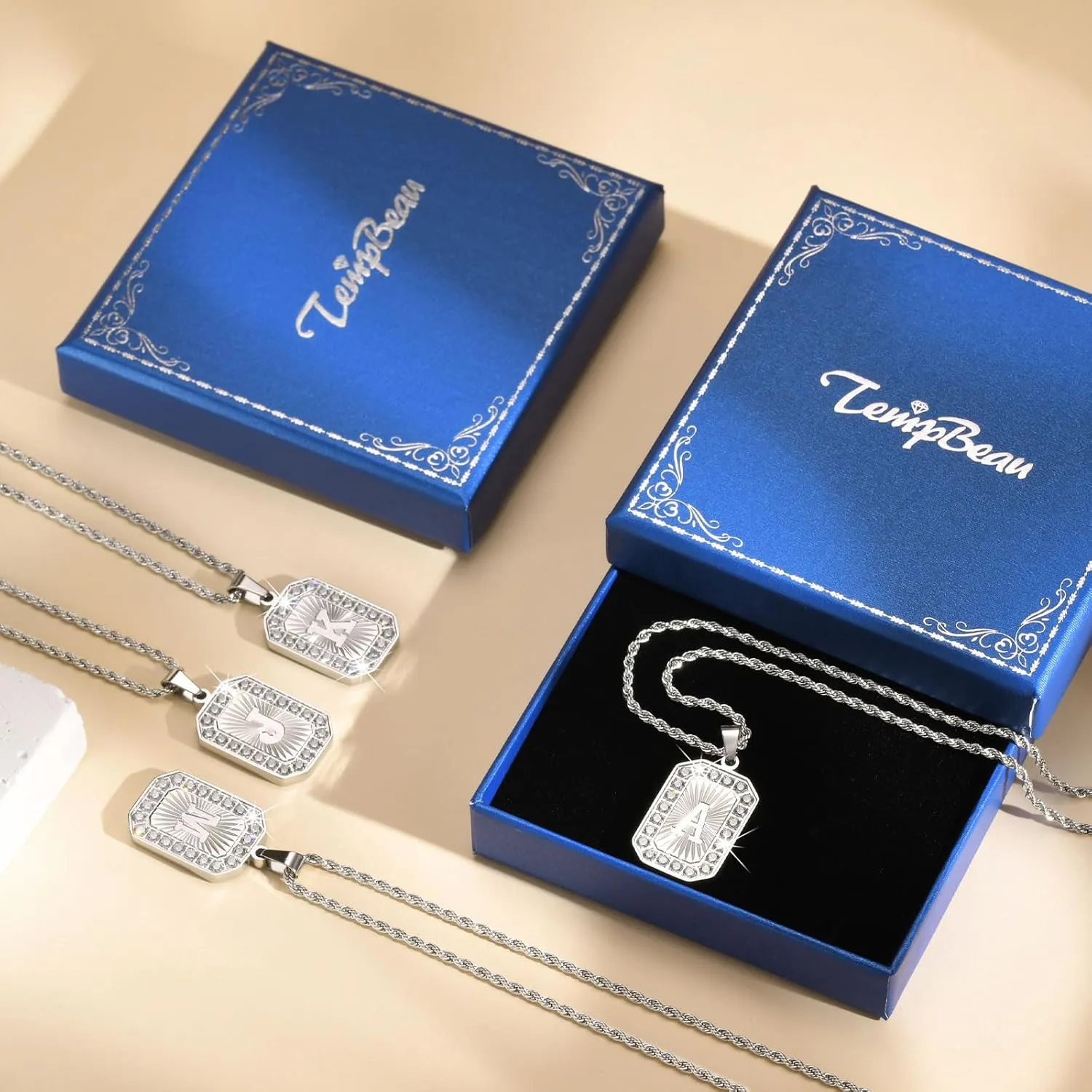 TempBeau Letter Chain Necklace for Men Square Diamond Capital Monogram Pendant Necklaces with Stainless Steel Link Silver Rope Chain 22 2 Inch,Trendy Name Initial Jewelry Gifts for Men