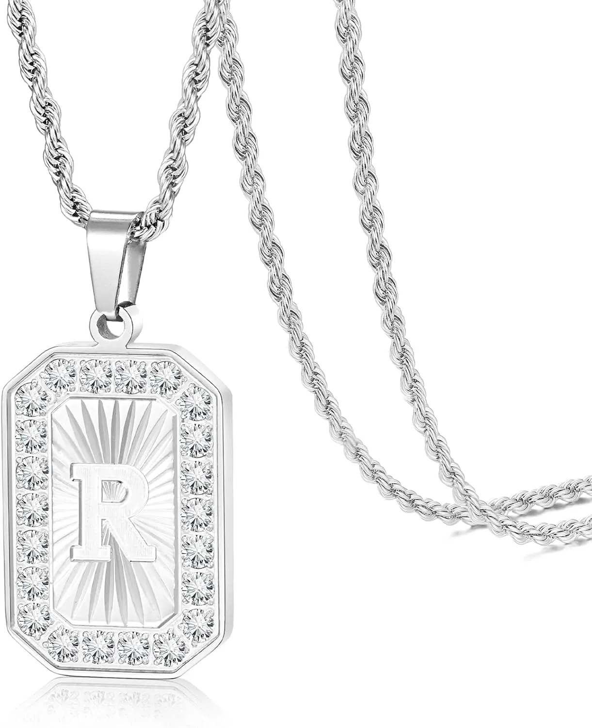 TempBeau Letter Chain Necklace for Men Square Diamond Capital Monogram Pendant Necklaces with Stainless Steel Link Silver Rope Chain 22 2 Inch,Trendy Name Initial Jewelry Gifts for Men