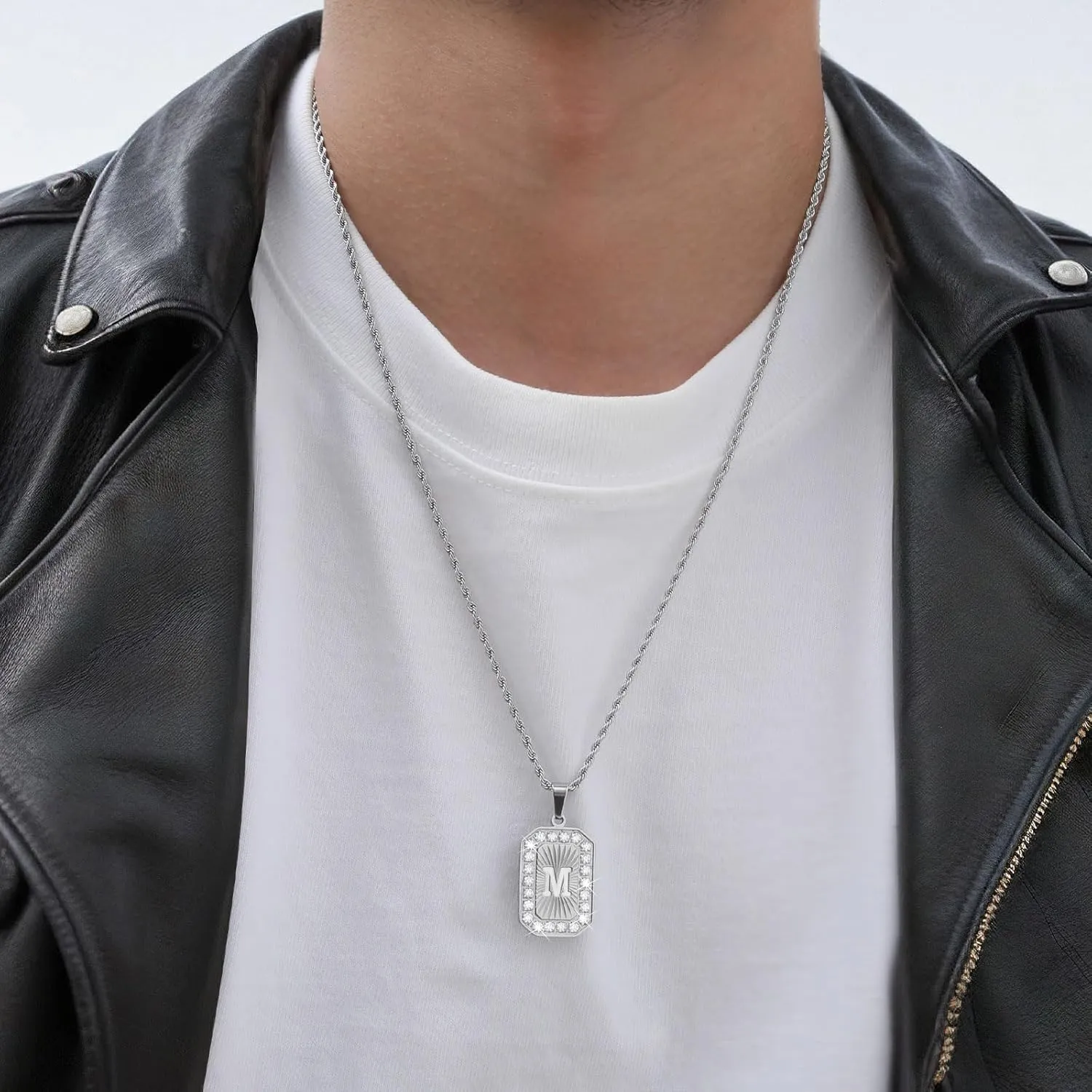 TempBeau Letter Chain Necklace for Men Square Diamond Capital Monogram Pendant Necklaces with Stainless Steel Link Silver Rope Chain 22 2 Inch,Trendy Name Initial Jewelry Gifts for Men