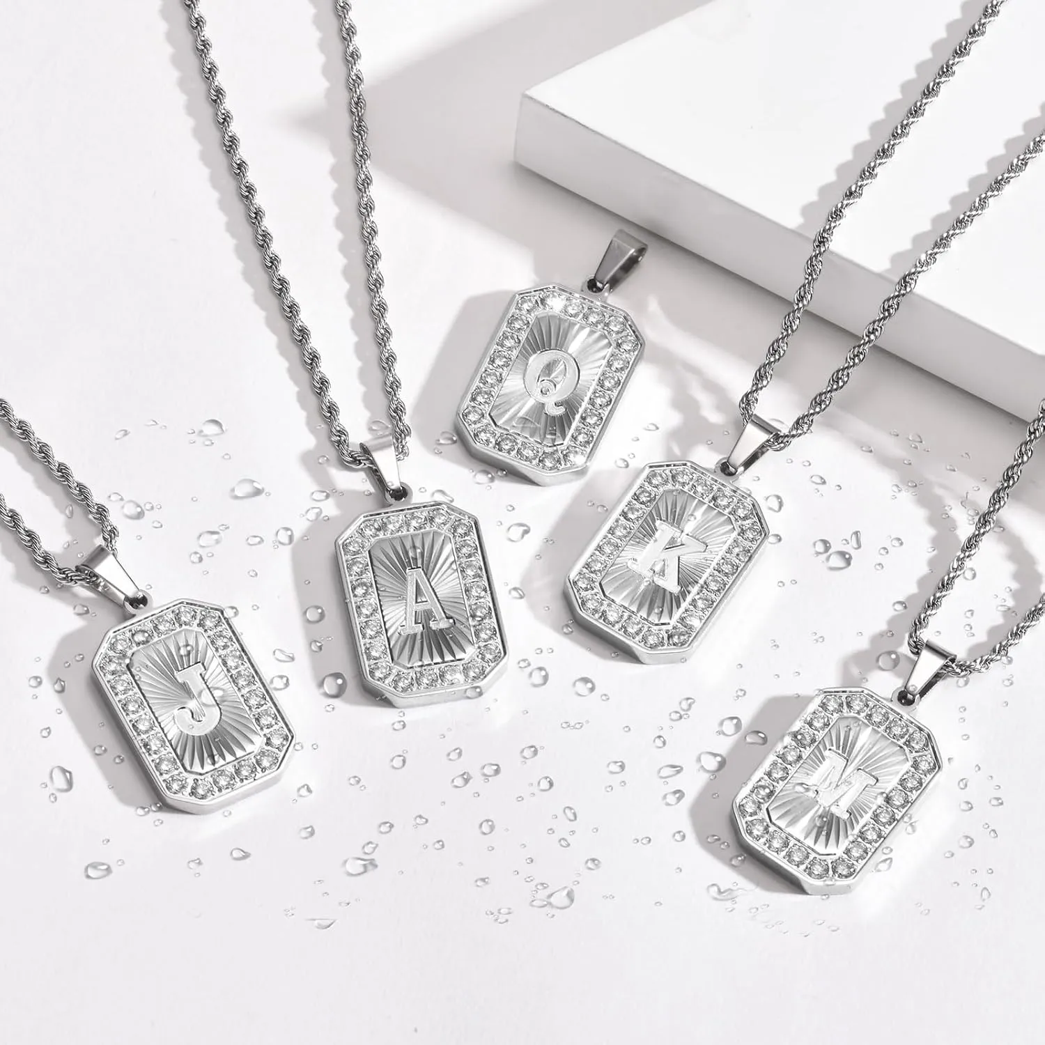 TempBeau Letter Chain Necklace for Men Square Diamond Capital Monogram Pendant Necklaces with Stainless Steel Link Silver Rope Chain 22 2 Inch,Trendy Name Initial Jewelry Gifts for Men