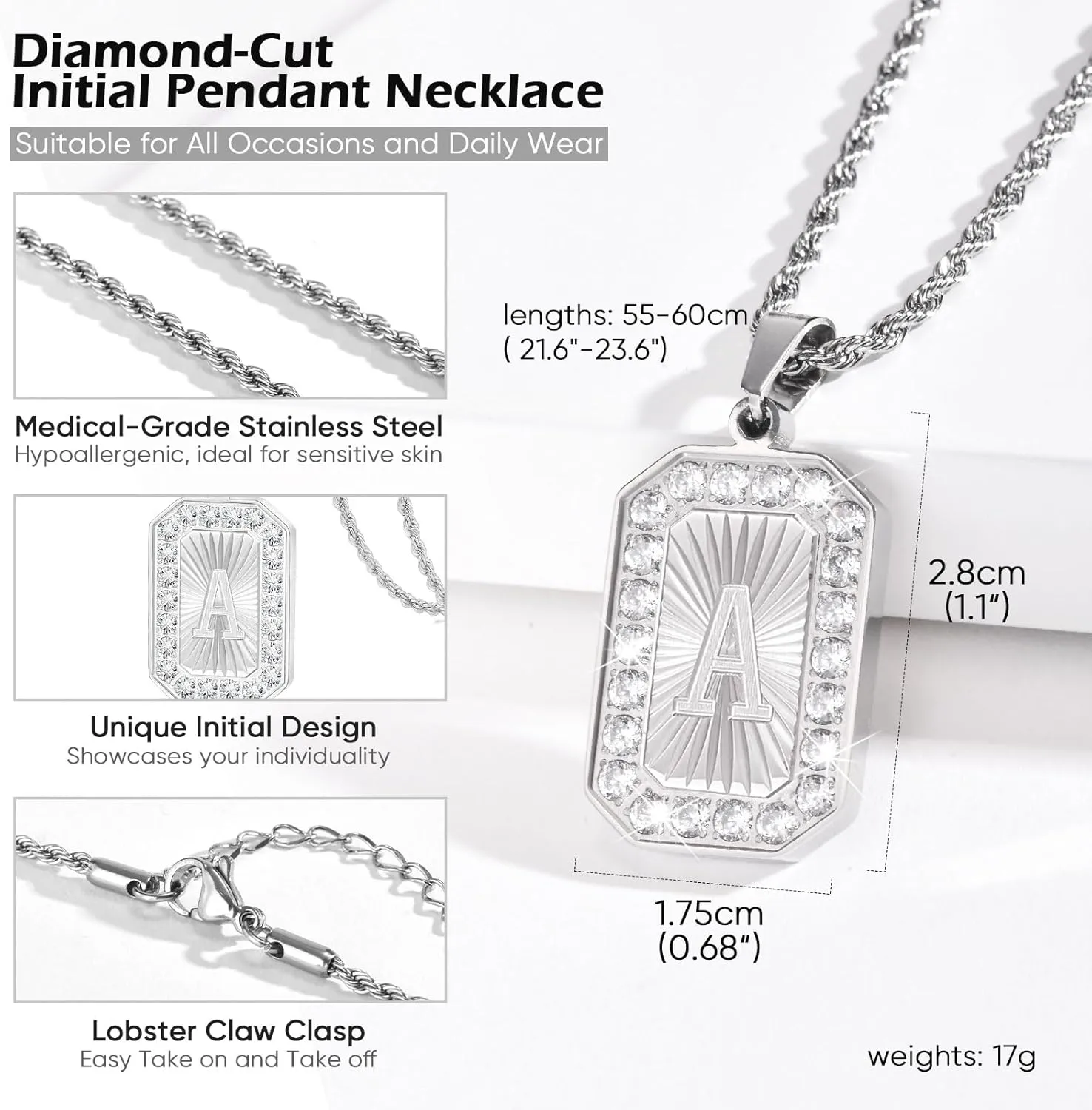 TempBeau Letter Chain Necklace for Men Square Diamond Capital Monogram Pendant Necklaces with Stainless Steel Link Silver Rope Chain 22 2 Inch,Trendy Name Initial Jewelry Gifts for Men
