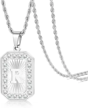 TempBeau Letter Chain Necklace for Men Square Diamond Capital Monogram Pendant Necklaces with Stainless Steel Link Silver Rope Chain 22 2 Inch,Trendy Name Initial Jewelry Gifts for Men