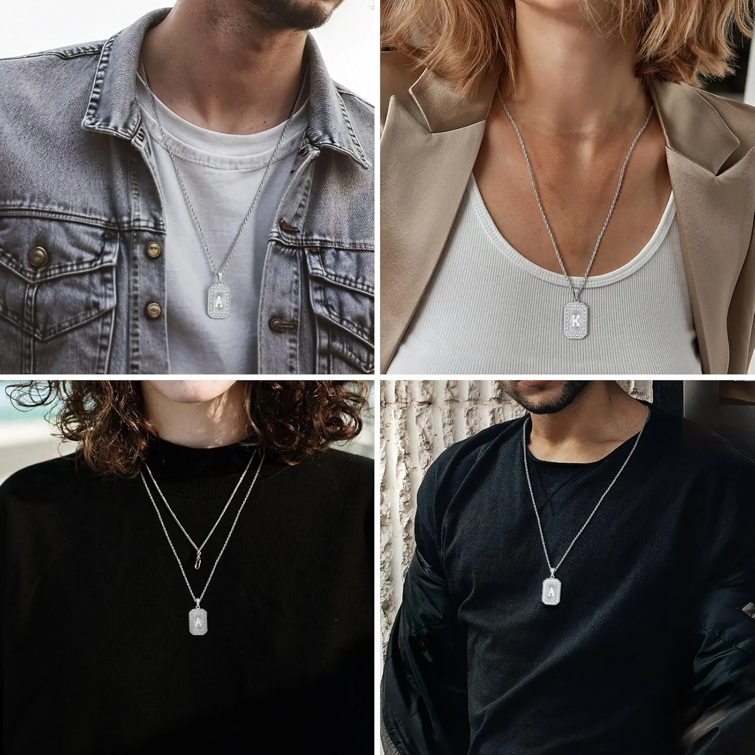 TempBeau Letter Chain Necklace for Men Square Diamond Capital Monogram Pendant Necklaces with Stainless Steel Link Silver Rope Chain 22 2 Inch,Trendy Name Initial Jewelry Gifts for Men