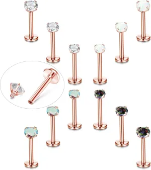 TEN MIRO 12PCS 16G Lip Rings Helix Tragus Earrings Stainless Steel Internally Threaded Labret Studs Cartilage 2/3/4MM Clear CZ/Opal Earrings Monroe Medusa Piercing Jewelry(Rose Gold-6MM)