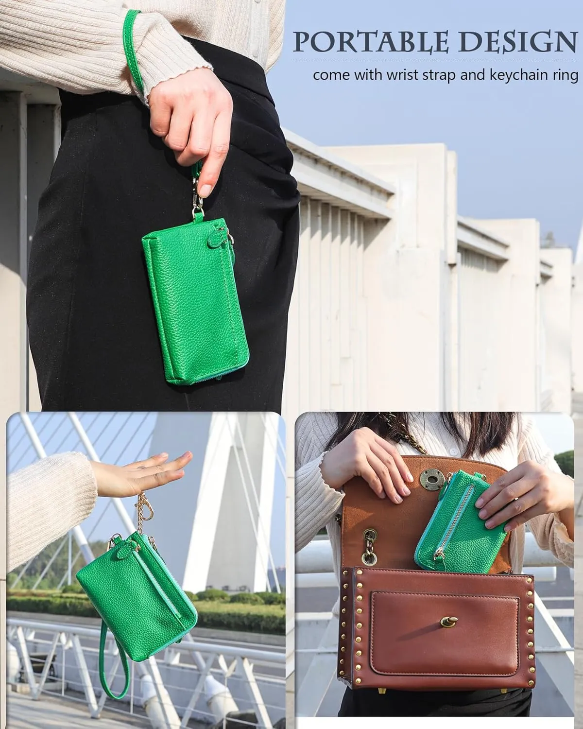 Teskyer Coin Purse Pouch, RFID Blocking Credit Card Holder Zipper Wallet with Wrist Strap and Key Chain for Men & Women