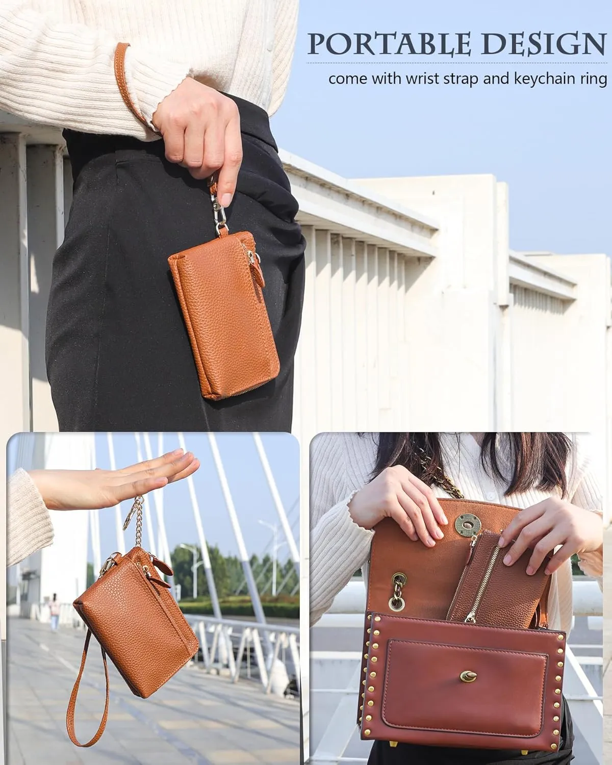 Teskyer Coin Purse Pouch, RFID Blocking Credit Card Holder Zipper Wallet with Wrist Strap and Key Chain for Men & Women