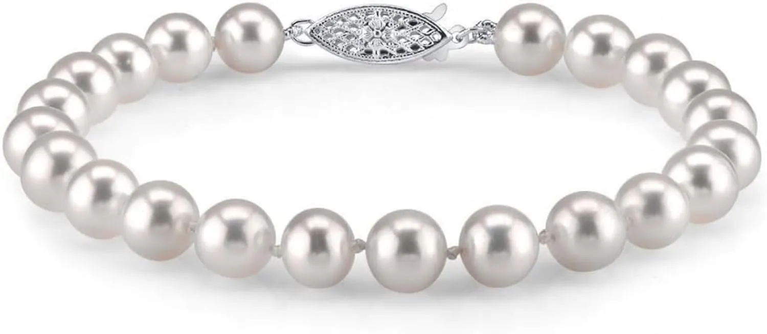 The Pearl Source White Freshwater Pearl Bracelet for Women - Cultured Pearl Bracelet with 14k Gold Plated Clasp with Genuine Cultured Pearls, 7.0-7.5mm Pearl Gifts for Anniversary