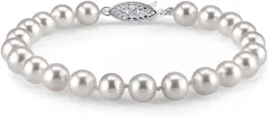 The Pearl Source White Freshwater Pearl Bracelet for Women - Cultured Pearl Bracelet with 14k Gold Plated Clasp with Genuine Cultured Pearls, 7.0-7.5mm Pearl Gifts for Anniversary