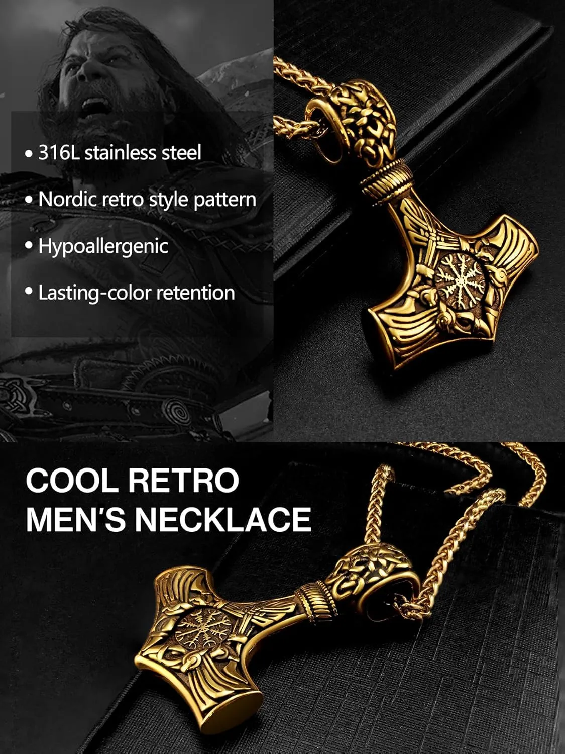 Thor Hammer Necklace for Men, 18K Gold/Black Stainless Steel Hammer Mjolnir Pendant Powerful Amulet Noridc Jewelry Gift for Viking Lover-Send Gift Box