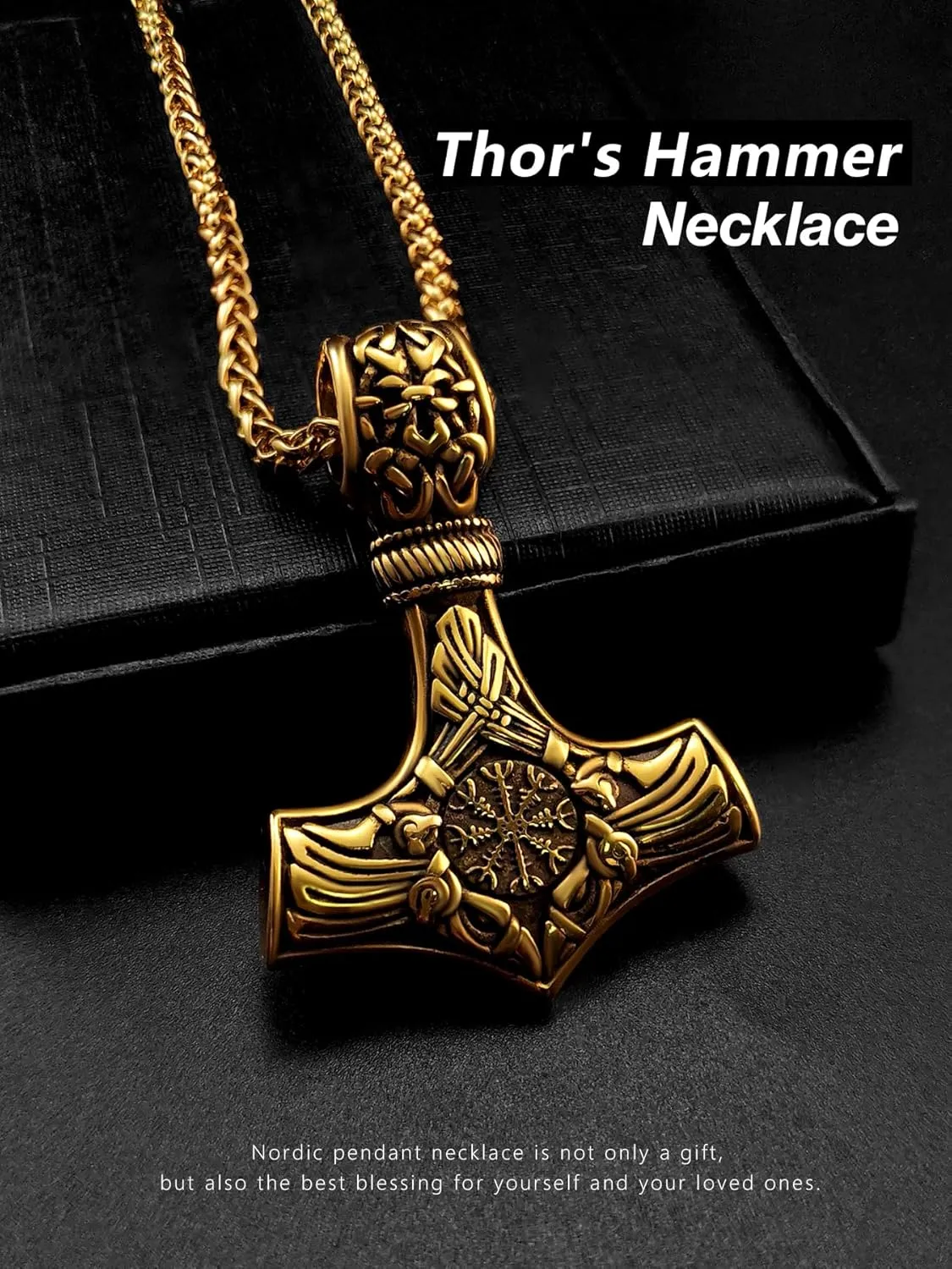 Thor Hammer Necklace for Men, 18K Gold/Black Stainless Steel Hammer Mjolnir Pendant Powerful Amulet Noridc Jewelry Gift for Viking Lover-Send Gift Box