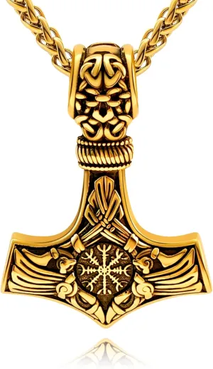 Thor Hammer Necklace for Men, 18K Gold/Black Stainless Steel Hammer Mjolnir Pendant Powerful Amulet Noridc Jewelry Gift for Viking Lover-Send Gift Box