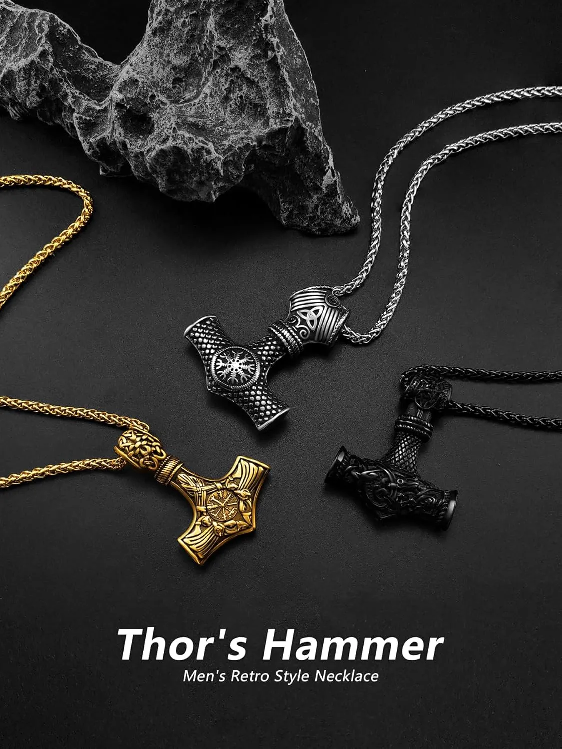 Thor Hammer Necklace for Men, 18K Gold/Black Stainless Steel Hammer Mjolnir Pendant Powerful Amulet Noridc Jewelry Gift for Viking Lover-Send Gift Box