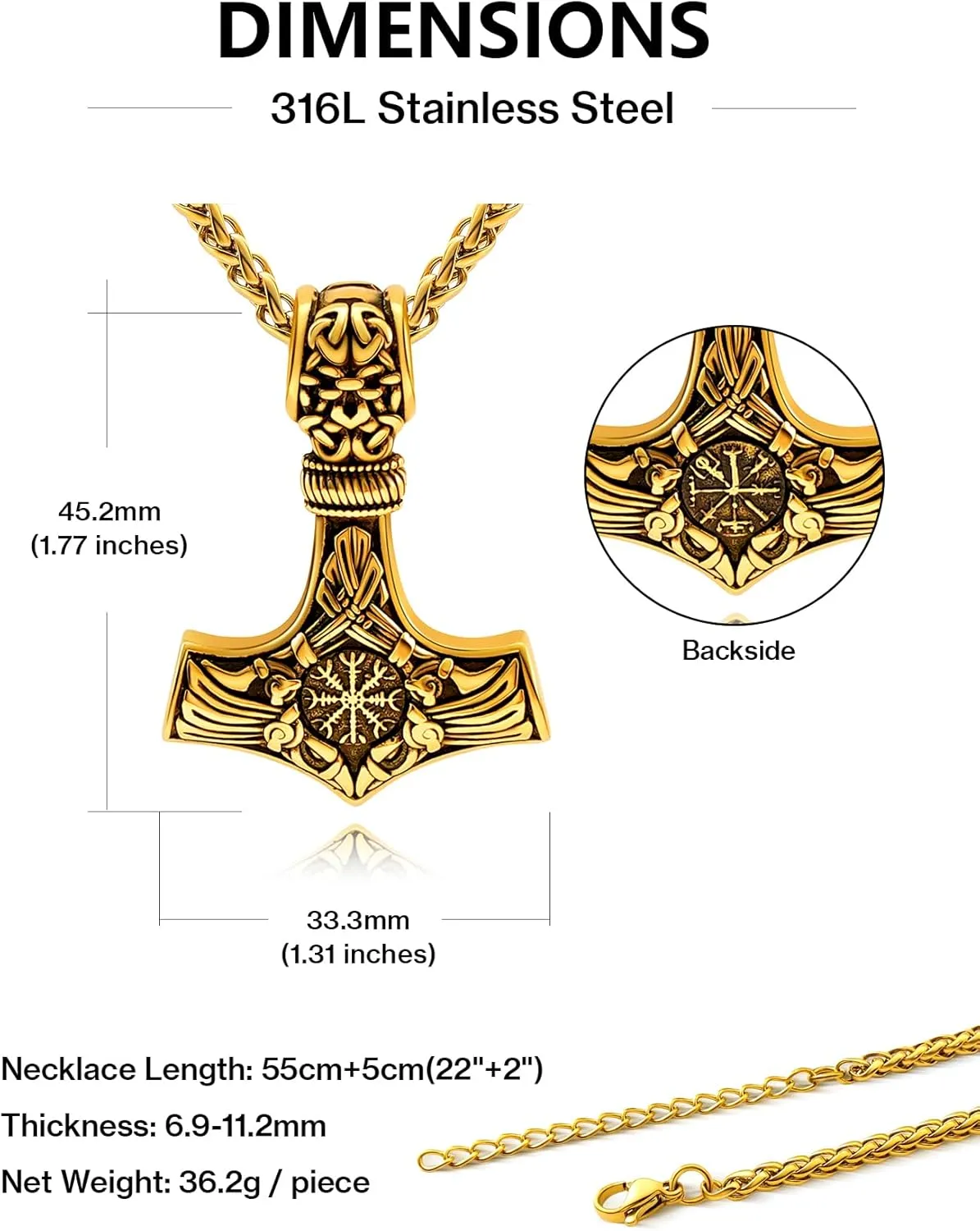 Thor Hammer Necklace for Men, 18K Gold/Black Stainless Steel Hammer Mjolnir Pendant Powerful Amulet Noridc Jewelry Gift for Viking Lover-Send Gift Box